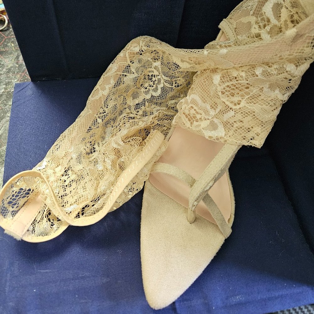 Nude Lace Toe Thong Thigh High Heeled Sandals